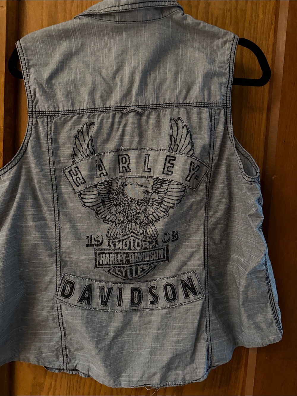 Harley-Davidson distressed sleeveless Gray Denim Vest with Eagle Patch